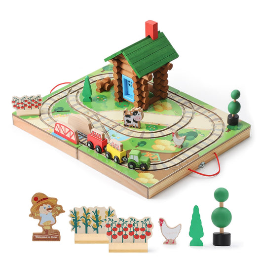 Wooden Train Set Farm Themed with Log Cabin Building Toys (78 pcs)-1