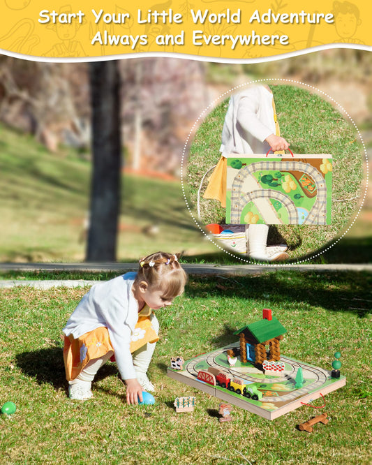 Wooden Train Set Farm Themed with Log Cabin Building Toys (78 pcs)-2