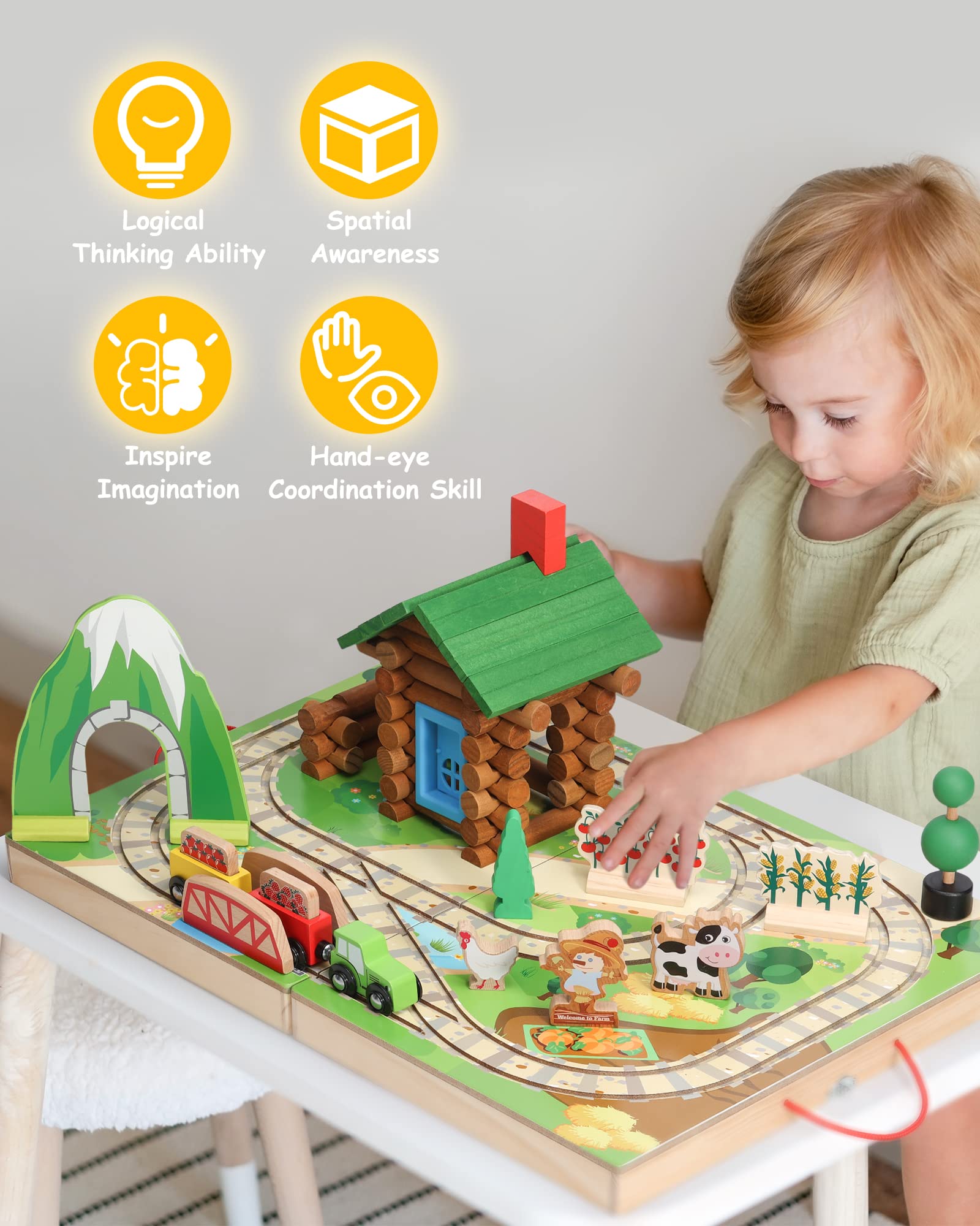 Wooden Train Set Farm Themed with Log Cabin Building Toys (78 pcs)-3