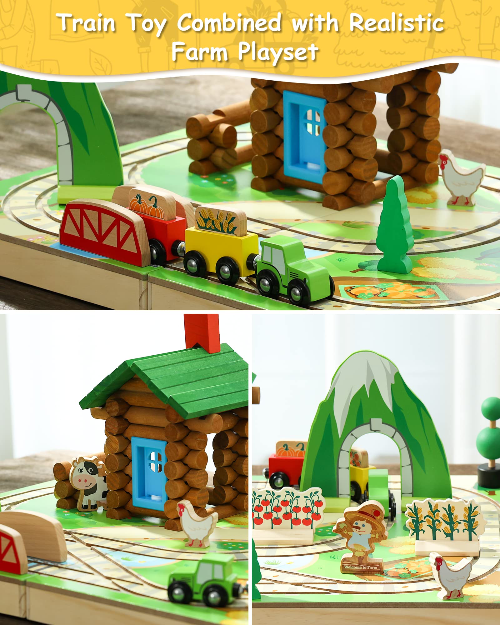 Wooden Train Set Farm Themed with Log Cabin Building Toys (78 pcs)-4