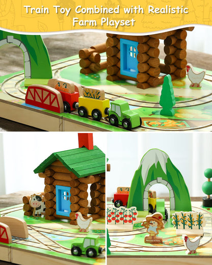 Wooden Train Set Farm Themed with Log Cabin Building Toys (78 pcs)-4