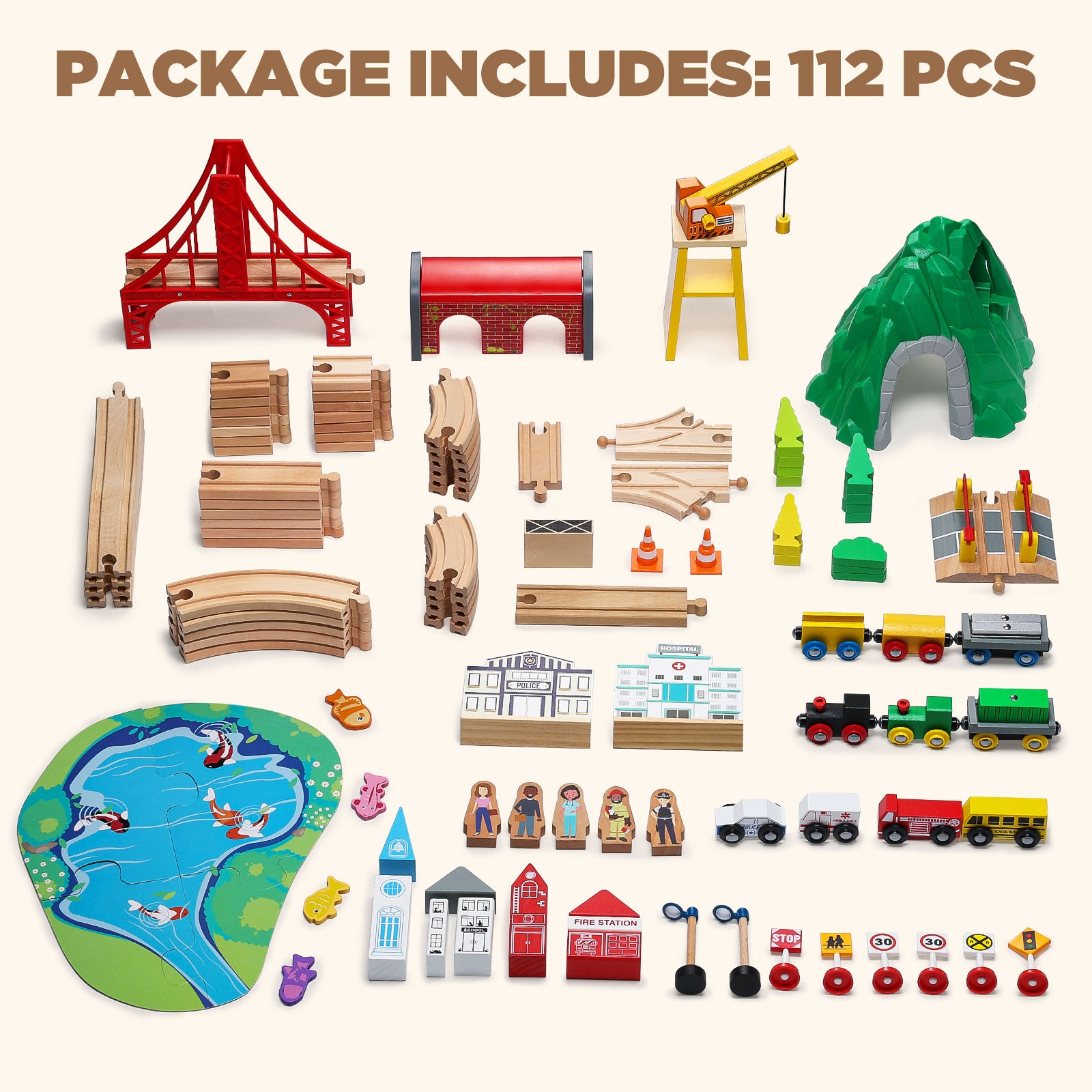 Wooden Train Set for Toddler, Double-Sided Train Tracks (112 Pcs) -7