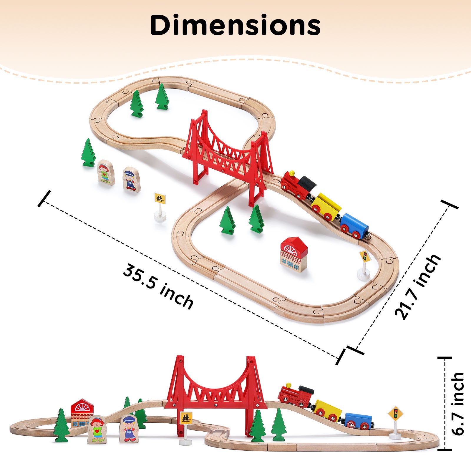 Wooden Train Set for Toddler with Suspension Bridge-size