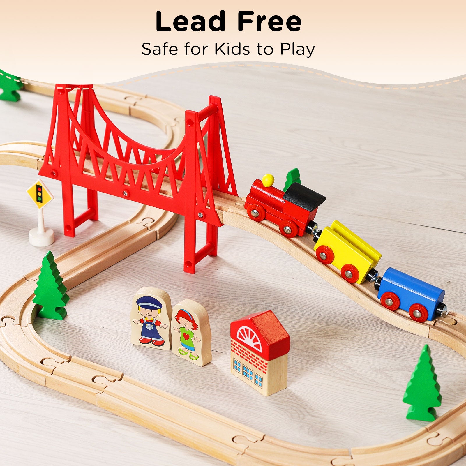 Wooden Train Set for Toddler with Suspension Bridge-4