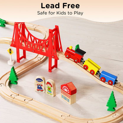 Wooden Train Set for Toddler with Suspension Bridge-4