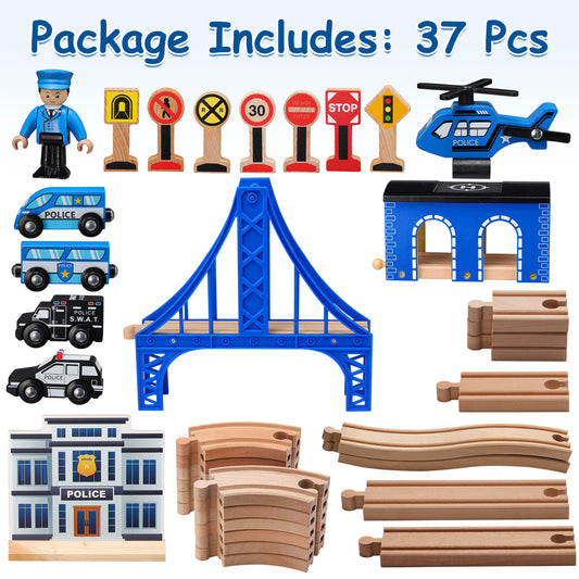 Wooden Train Set with Police Station Theme-37 PCS