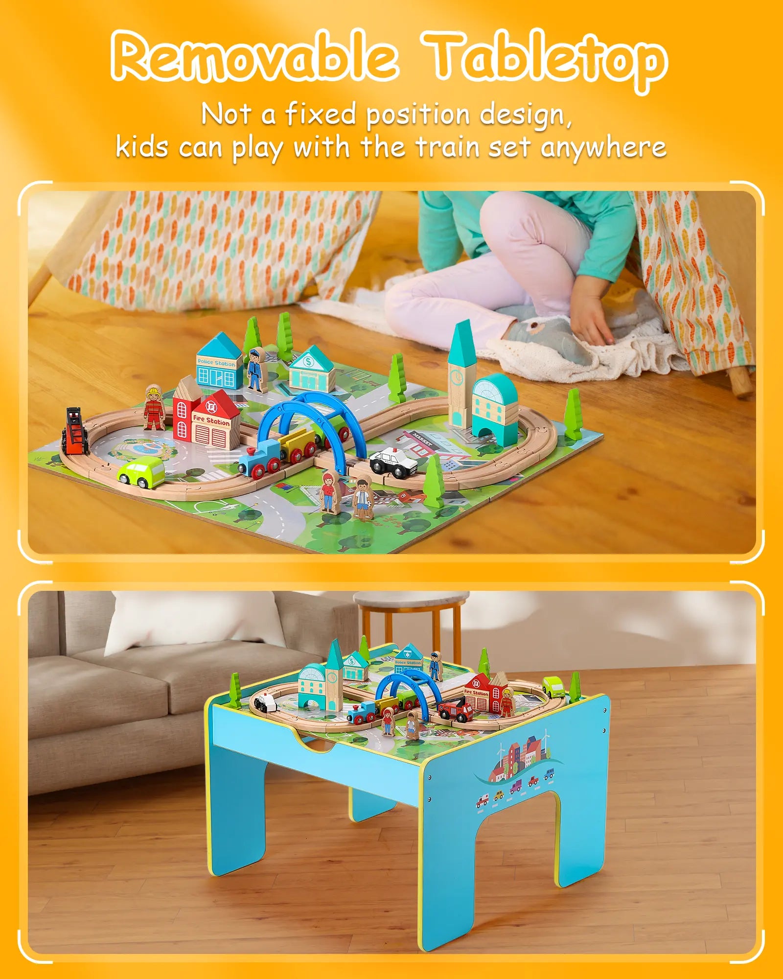 Children playing with a toy train set on a removable tabletop, which can be moved around.