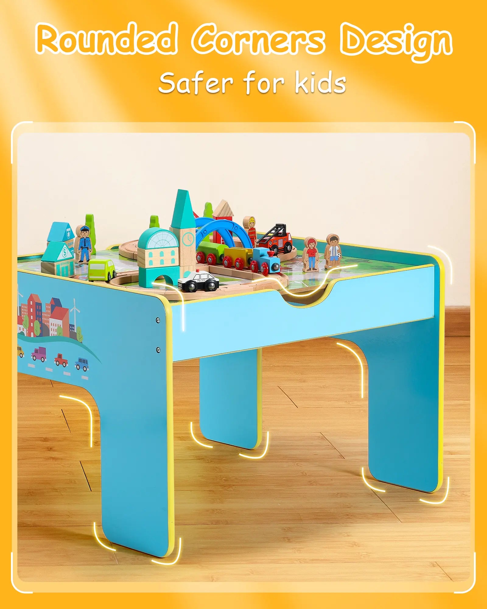 Children's play table with rounded corners on a wooden floor, surrounded by toys.