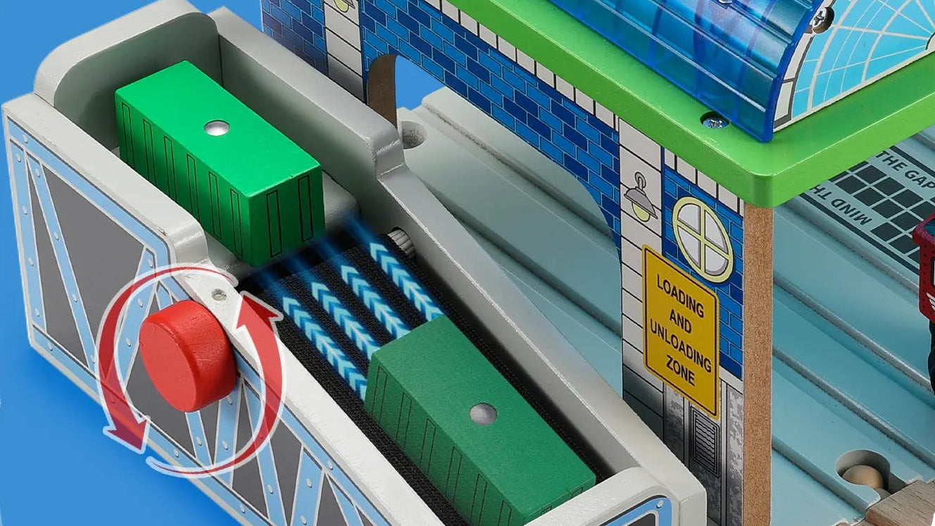Toy station model with conveyor belts and chutes for item transport and baggage loading.