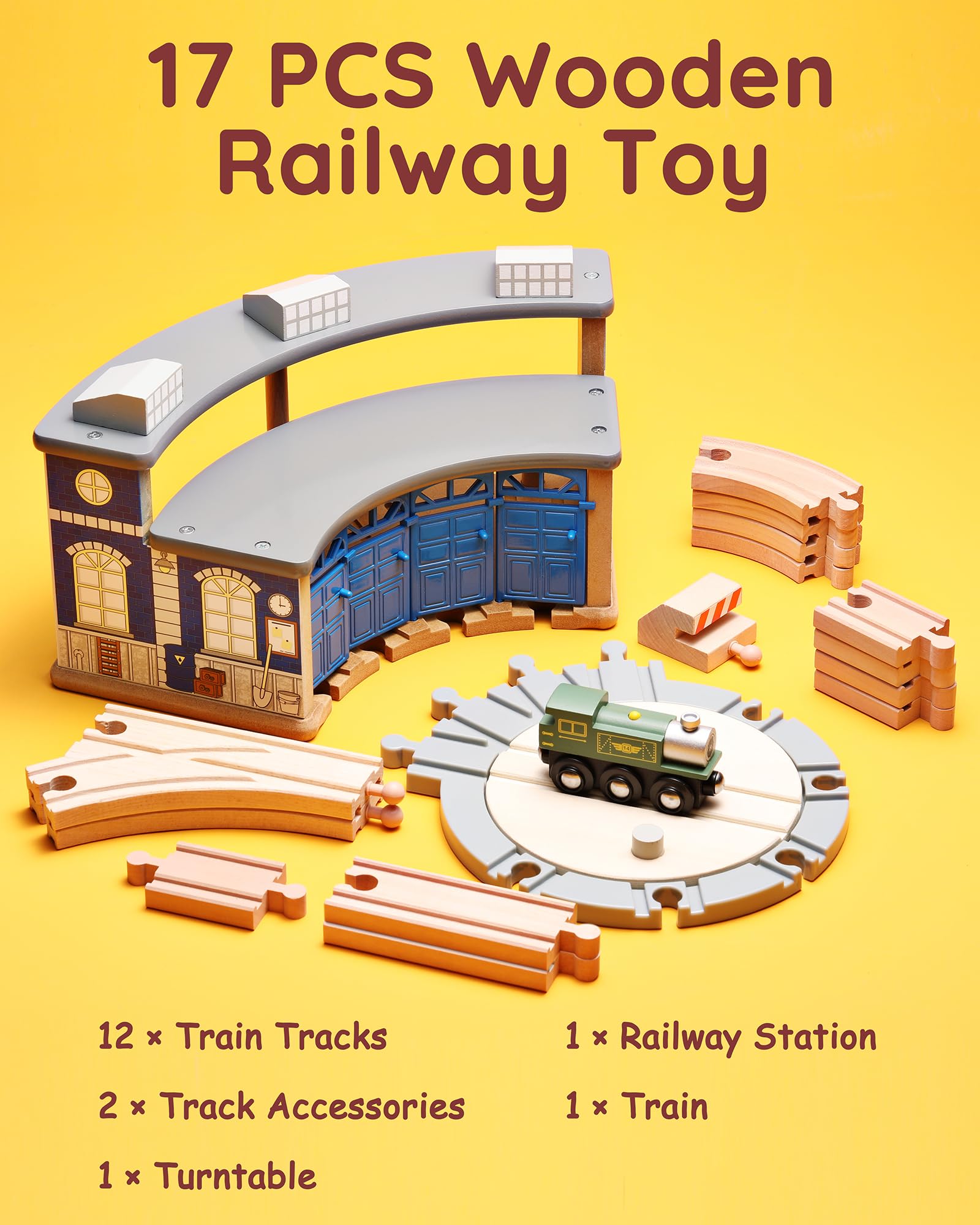 Wooden Train Track toy with Roundhouse-6