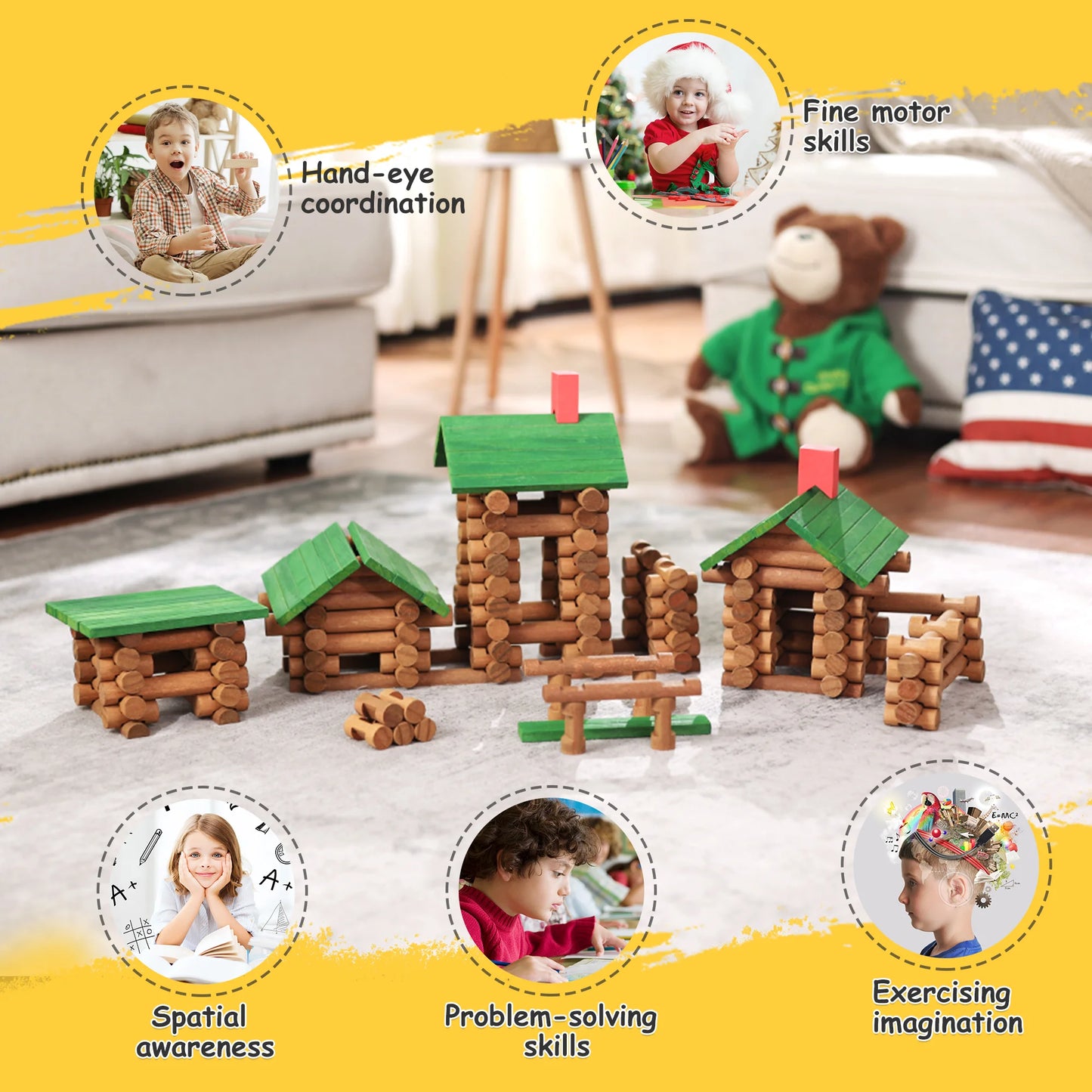 Wooden lincoln log cabin set with educational benefits on a surface.