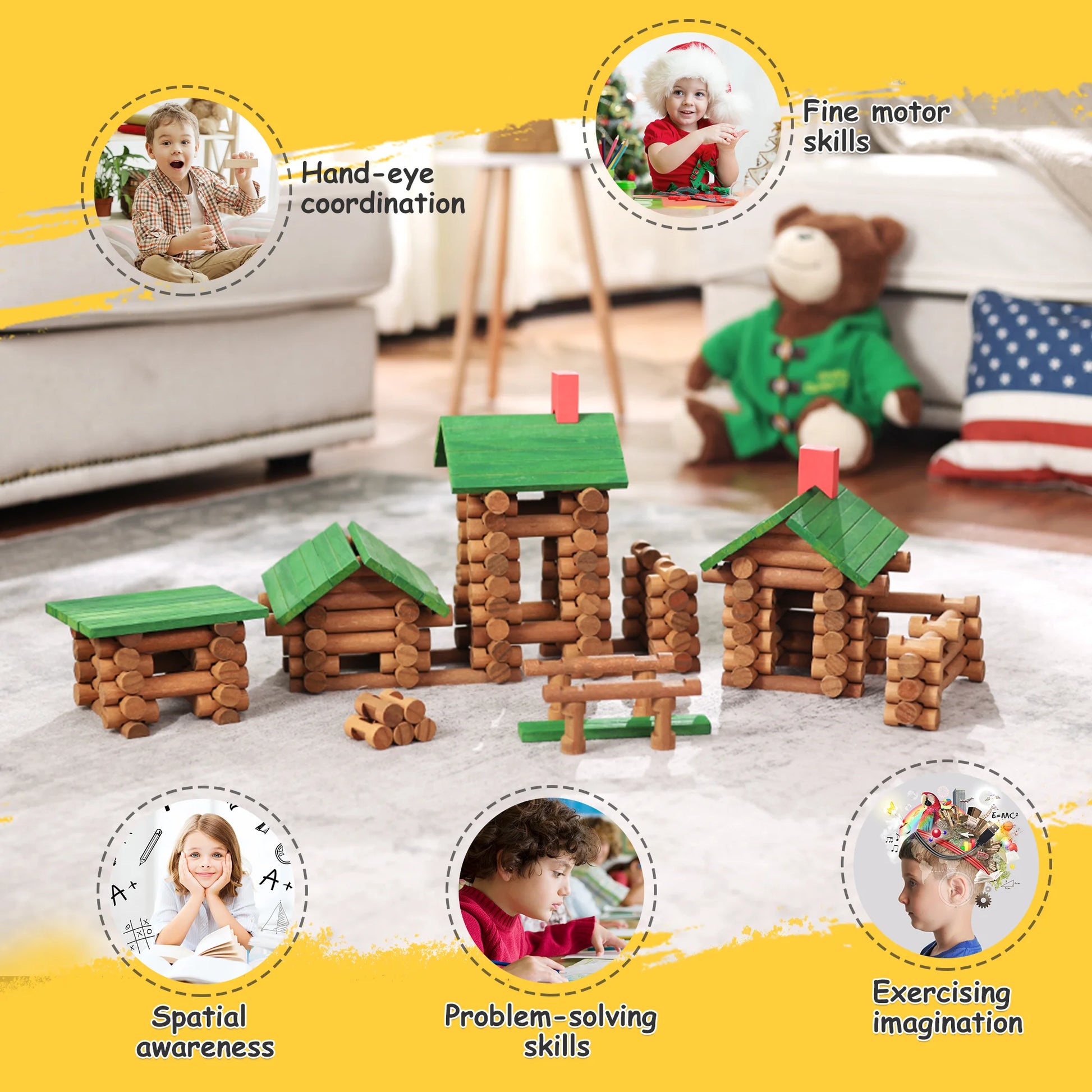 Wooden lincoln log cabin set with educational benefits on a surface.