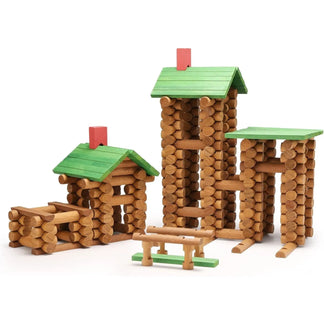 Wooden lincoln logs set with green roofs