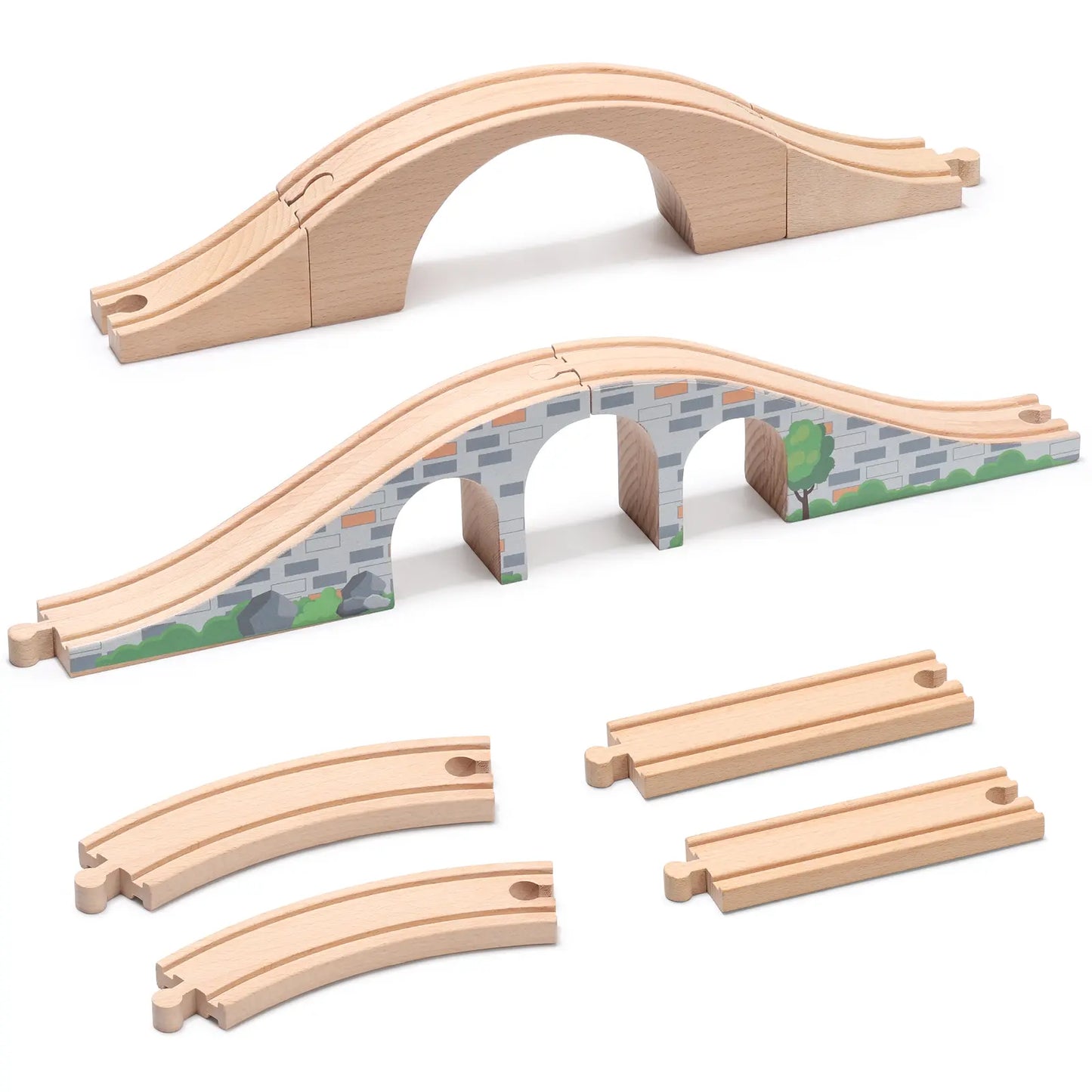 Wooden toy train tracks including a bridge and curved sections