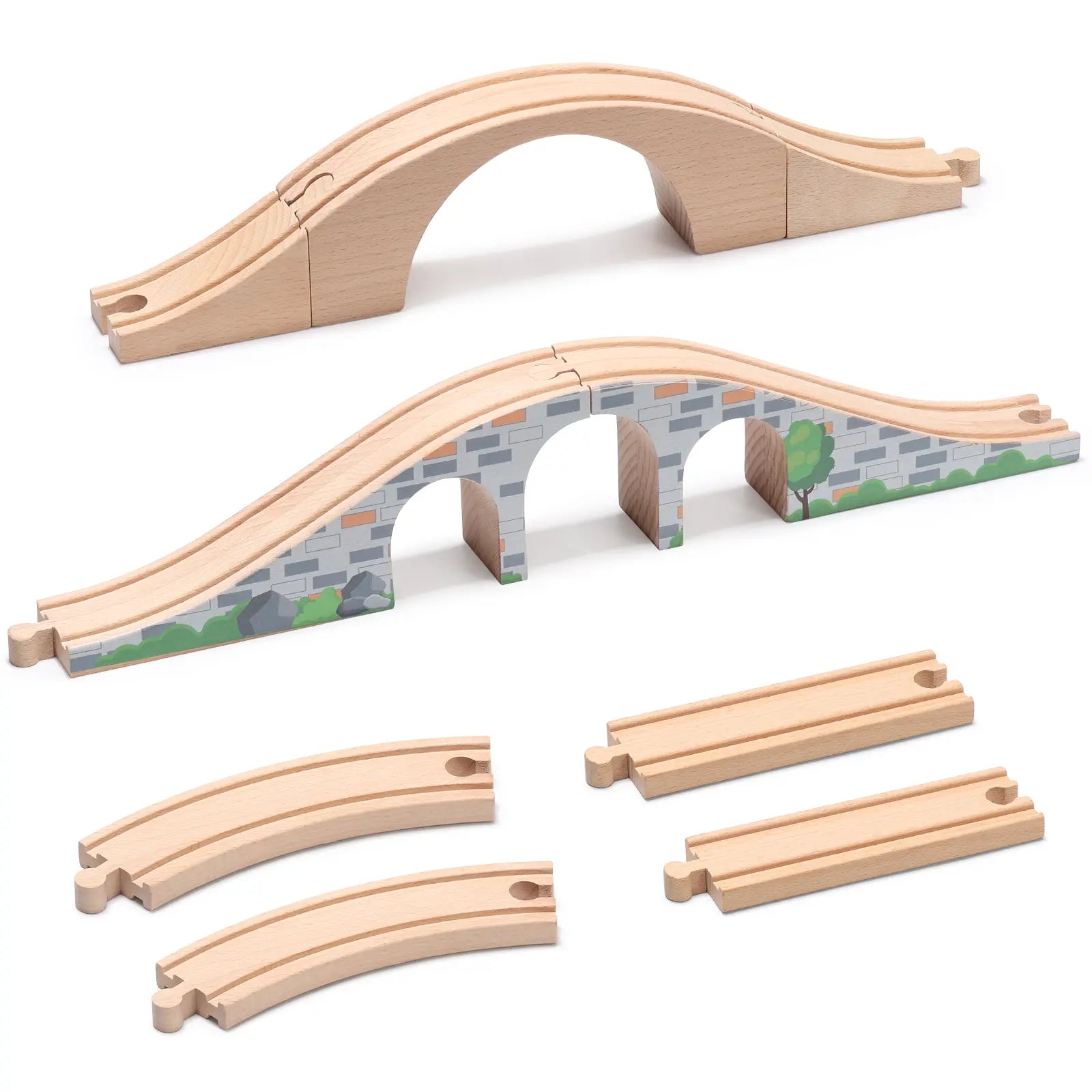 Wooden toy train tracks including a bridge and curved sections