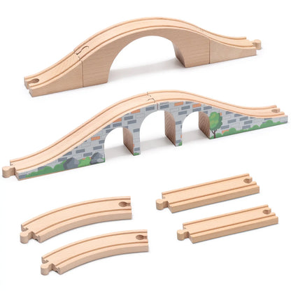 Wooden toy train tracks including a bridge and curved sections