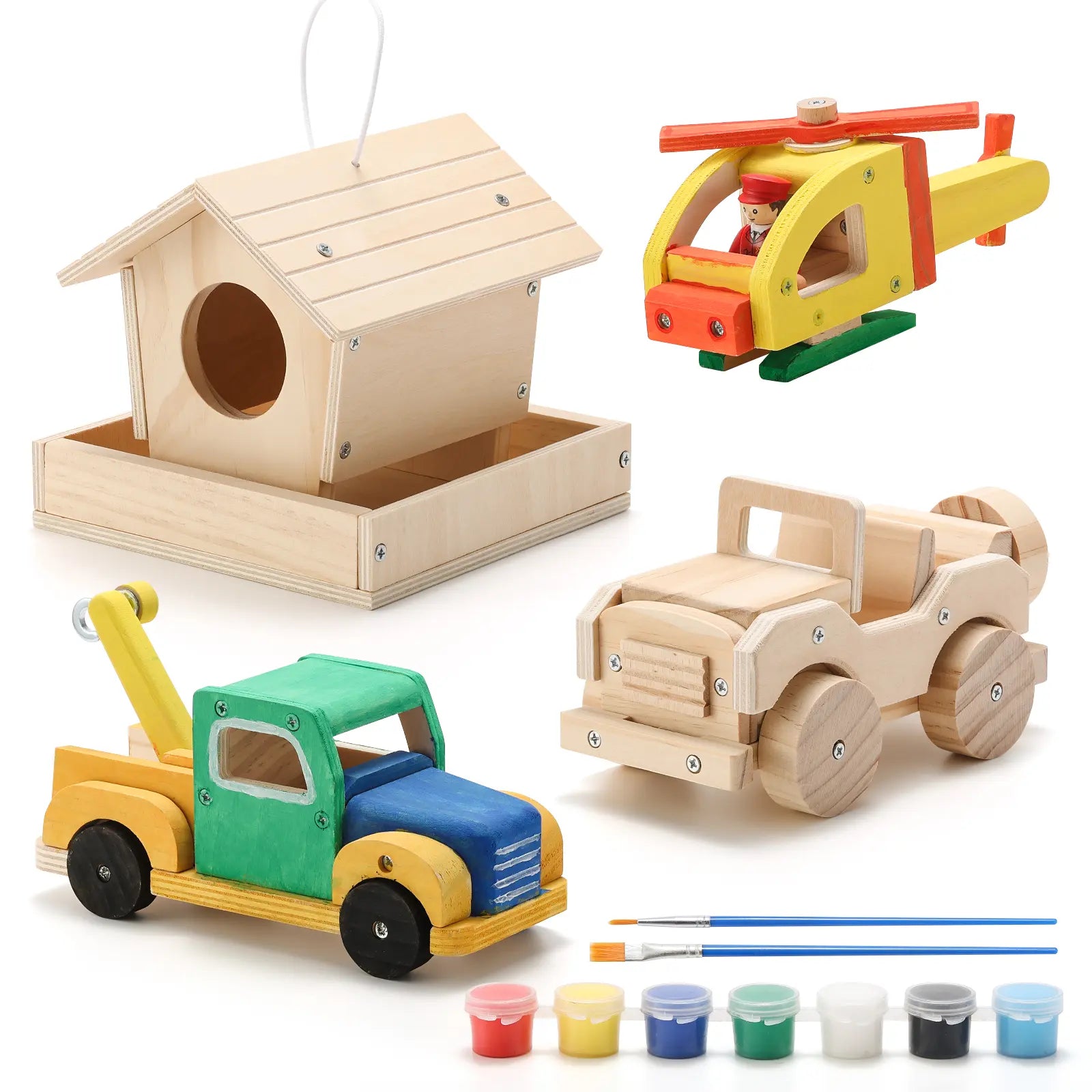Set of wooden toys including a house, helicopter, truck, and car with paint cans and brushes