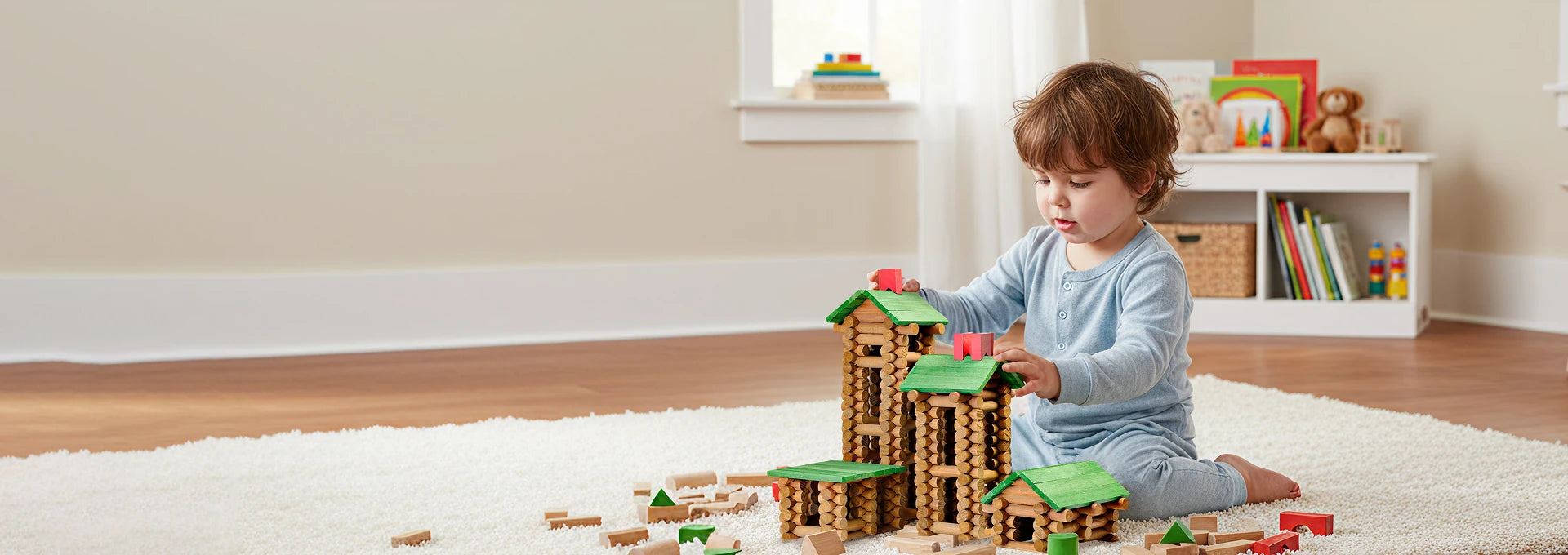 Child playing with wooden toy blocks on a rug in a room with books and toys.