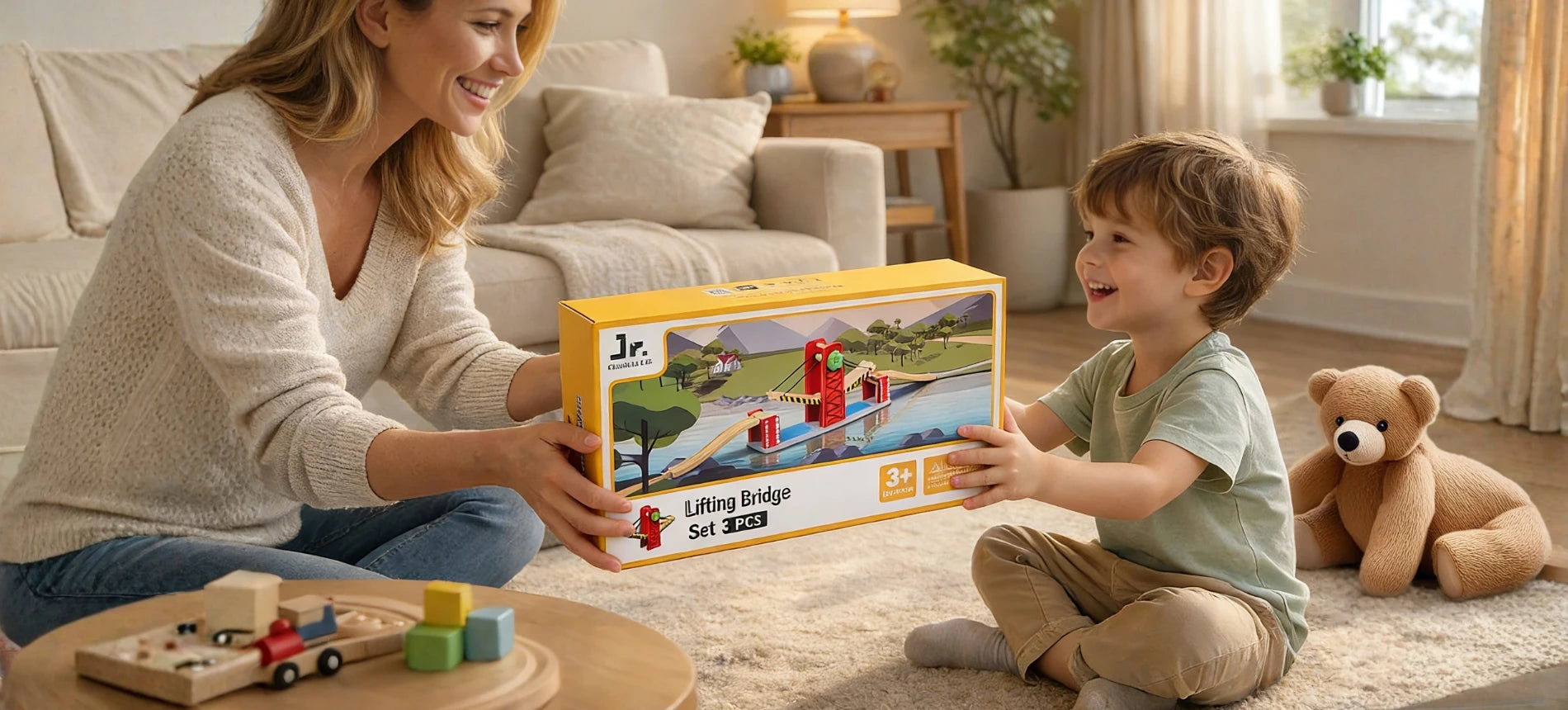 Woman and child playing with a toy set in a living room