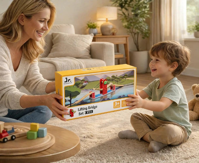 Woman and child playing with a toy set in a living room