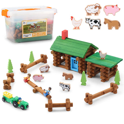 Wooden Log Cabin Set Village Themed Building House Toy