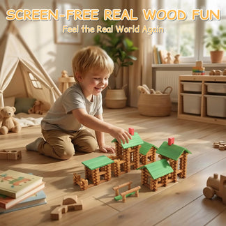 Child playing with wooden log cabin toys