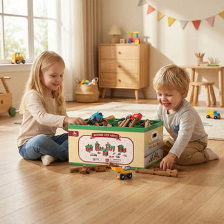 Two children playing with wooden log cain toy