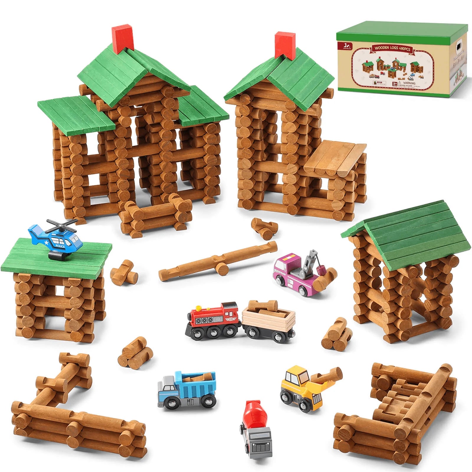 Toy building set with wooden log cabins and small vehicles-Compatible with Lincoln logs