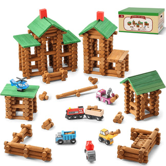 Toy building set with wooden log cabins and small vehicles-Compatible with Lincoln logs