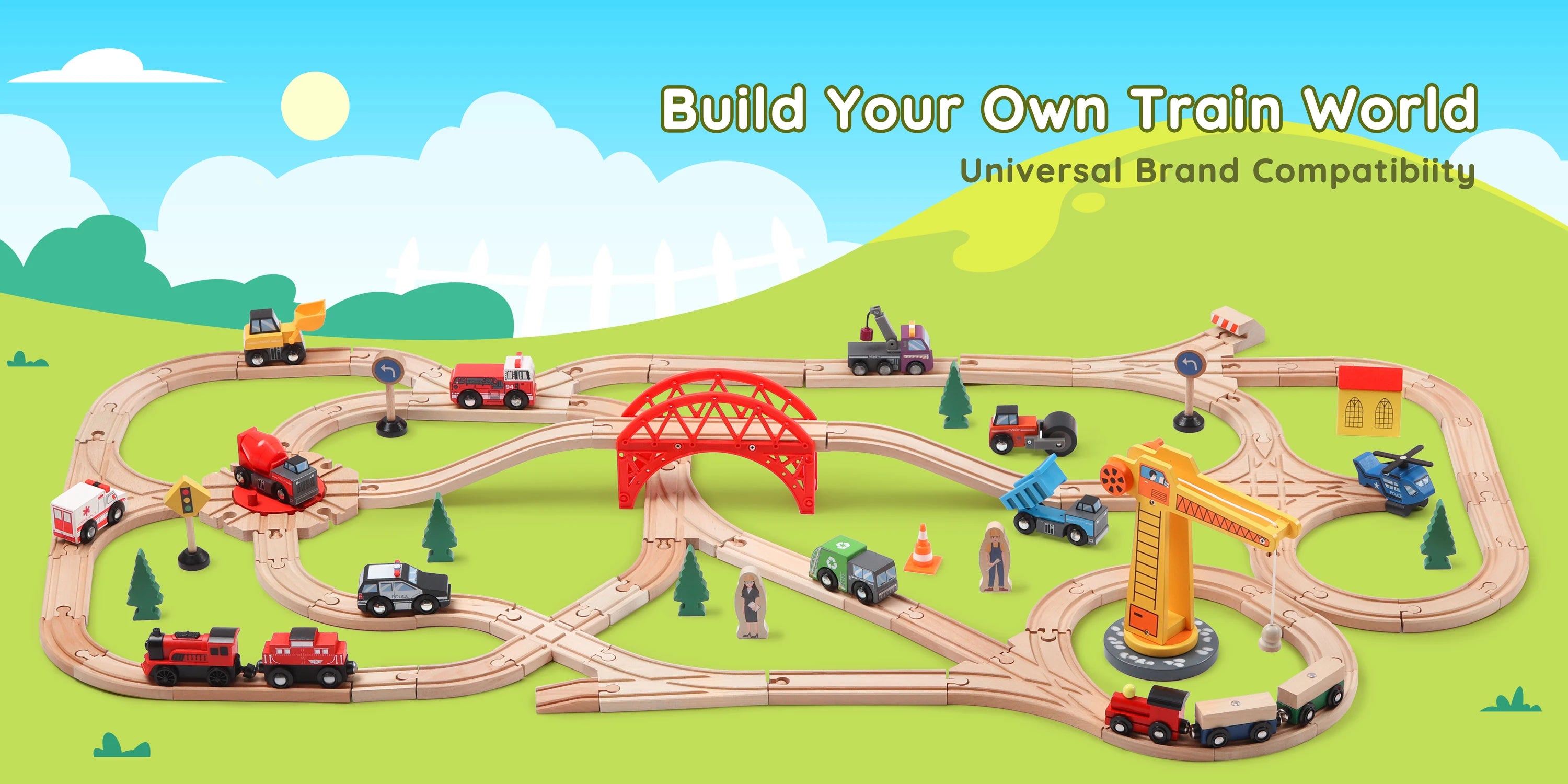 Toy train set with tracks and vehicles on a green landscape with a blue sky.