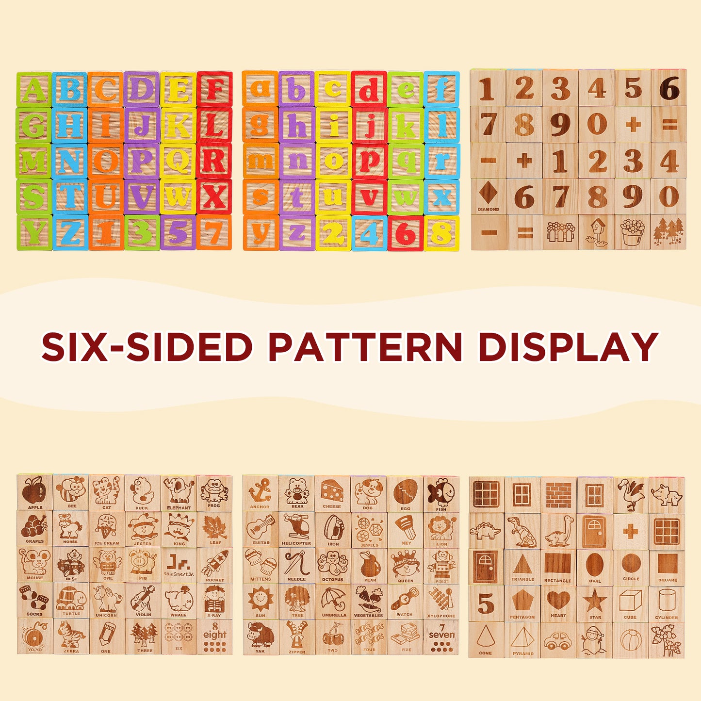 Set of colorful wooden abc blocks with letters, numbers, and shapes