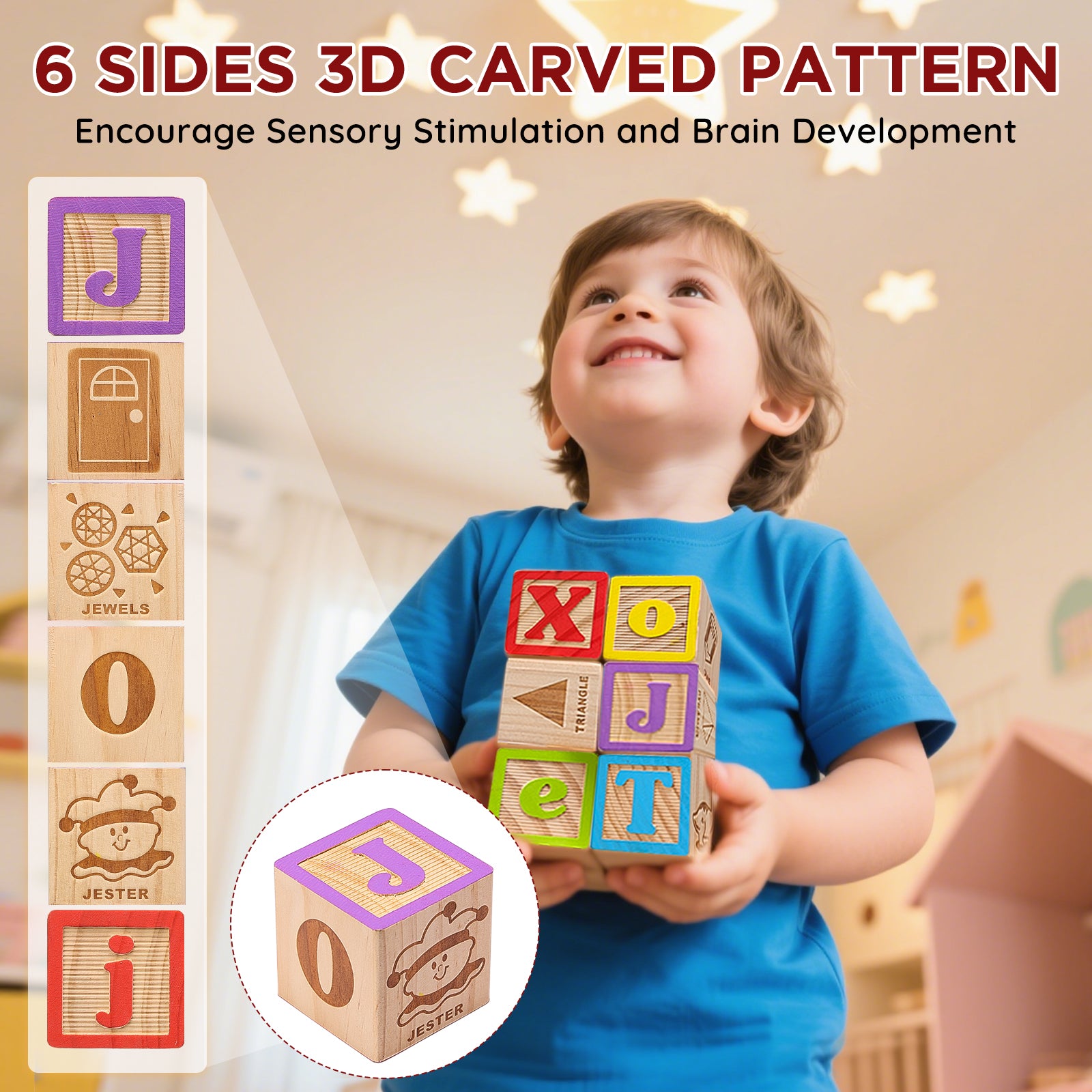 Child playing with wooden ABC blocks featuring 3D carved patterns