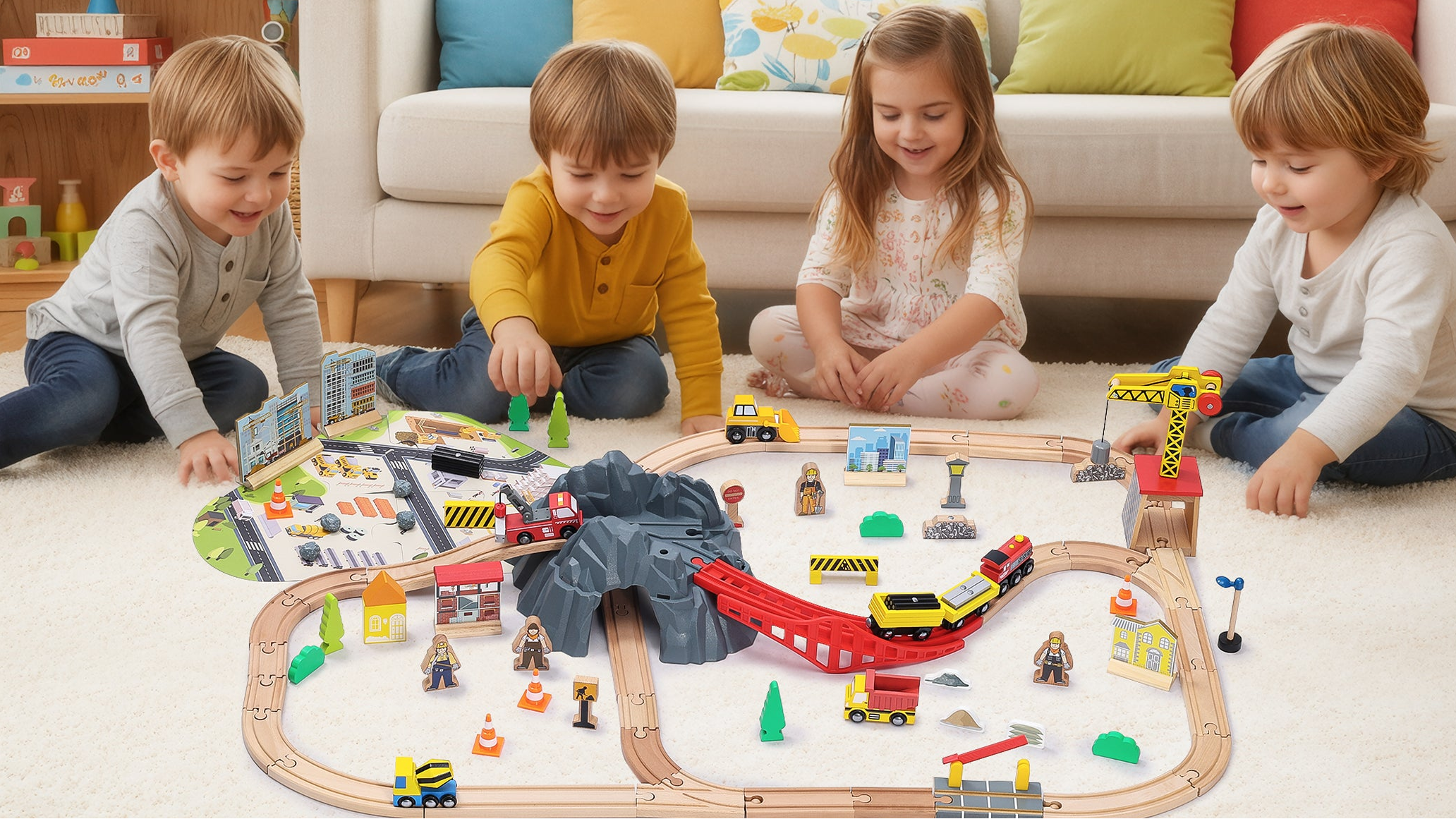 Four children playing with a toy train set on a rug in a living room.