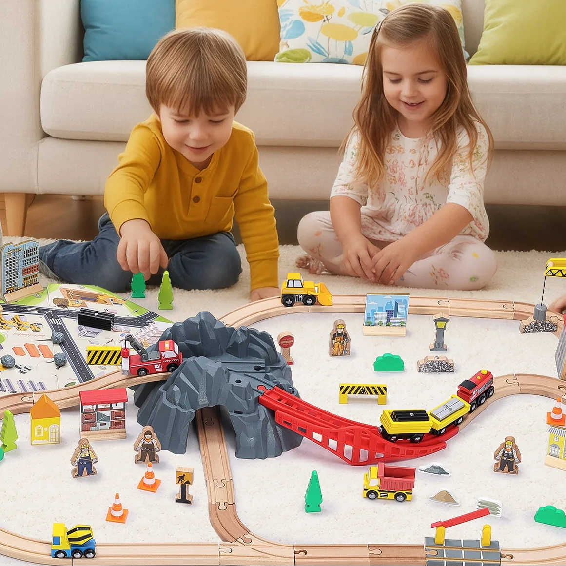 Four children playing with a toy train set on a living room floor.